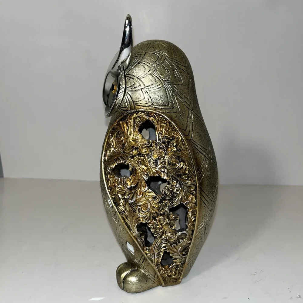 OWL Silver & Gold Accented Tones Resin Owl 9 1/2